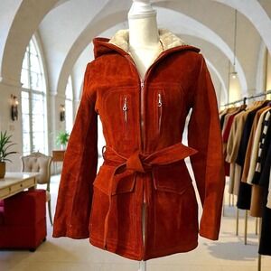 Vintage Rust Suede Hooded Coat Faux Fur Lined Belted Uruguay Parka